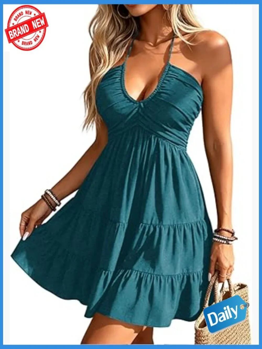 Halter Backless Mini Sundress Flowy Ruffle Cami Dress Summer Beach